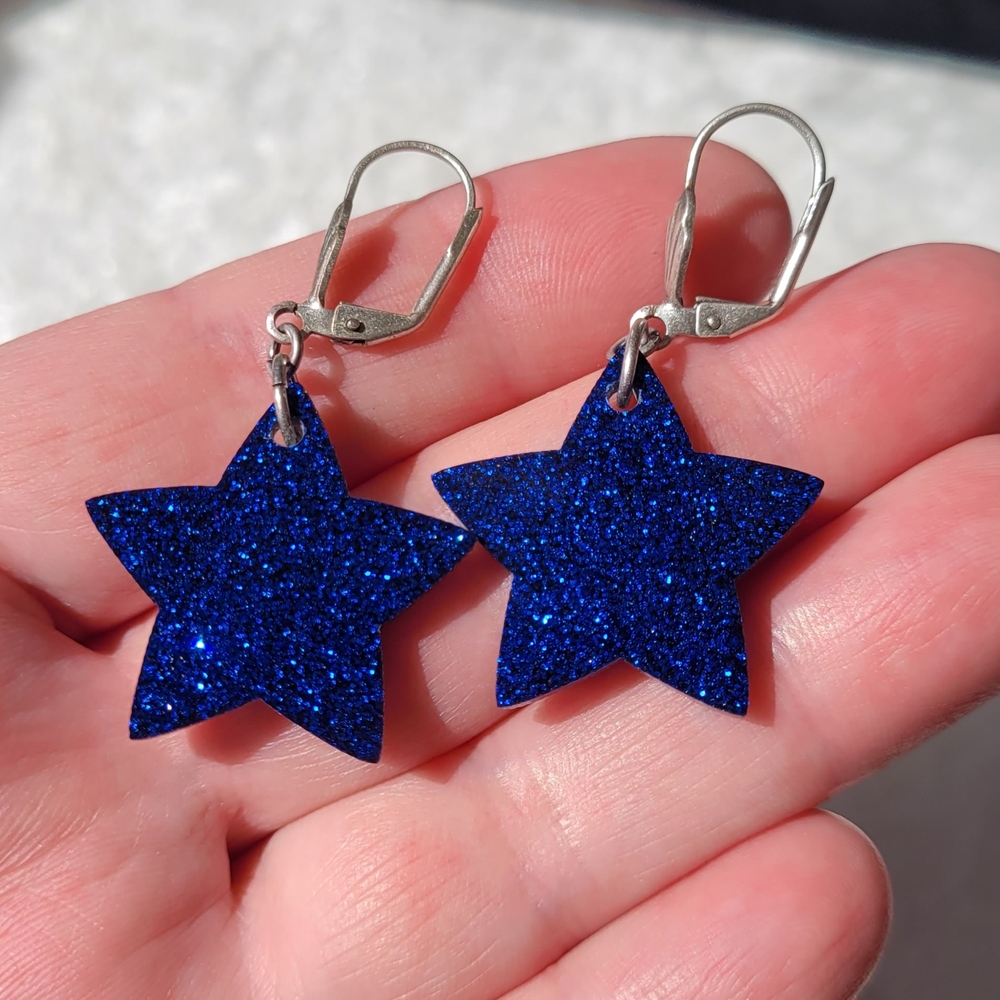 Blue Glitter Star Earrings